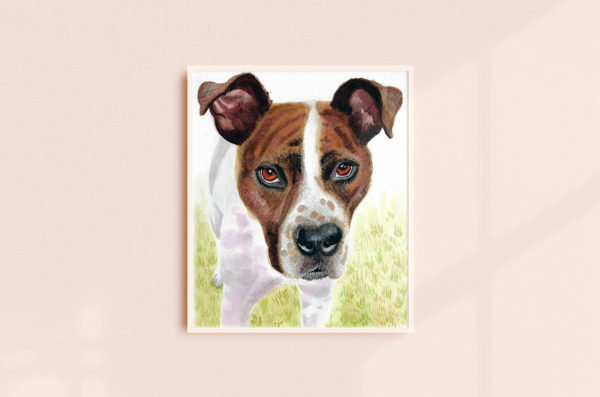 Watercolor painting of a brown and white pitbull mix