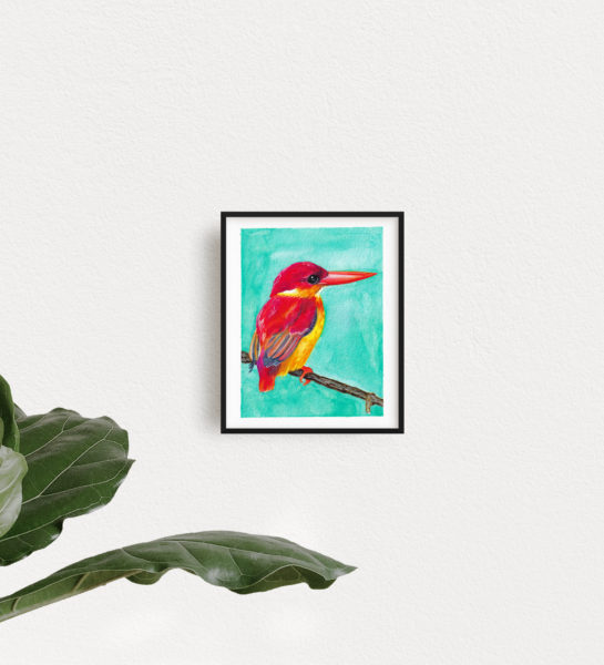 Watercolor painting of a Red Kingfisher on a teal background, framed on a white wall