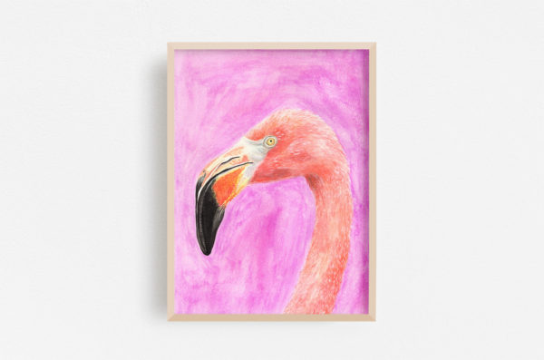 Flamingo watercolor painting with pink background, framed on a white wall