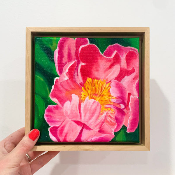 Framed oil painting of pink peony bloom