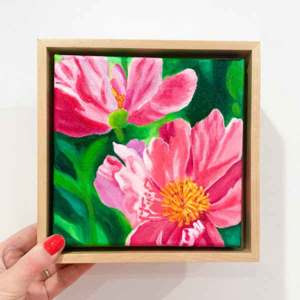 framed oil painting of 2 pink peony flowers