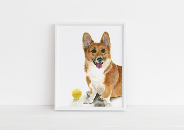 Watercolor painting of a female corgi with tennis ball