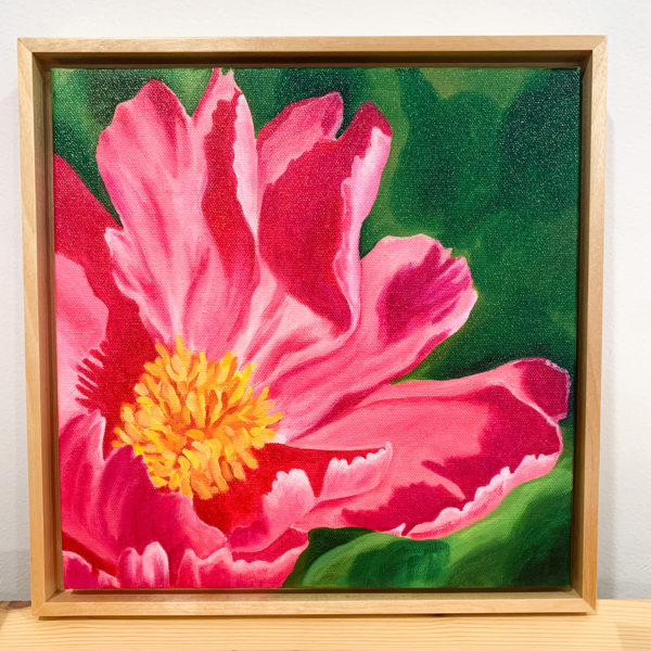 framed oil painting of a pink peony flower